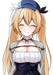 Rule 34 | 1girl, absurdres, blonde hair, blue hat, blush, breasts, choker, cleavage, closed eyes, collarbone, commentary, dokibird (vtuber), dress, english commentary, grey jacket, grin, hair between eyes, hat, highres, indie virtual youtuber, jacket, large breasts, long hair, long sleeves, looking at viewer, panpanmc4, ribbon, simple background, smile, solo, twintails, very long hair, virtual youtuber, white background