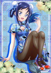 Rule 34 | alternate costume, blue background, blue dress, blue eyes, blue hair, breasts, bun cover, china dress, chinese clothes, cleavage, dokidoki! precure, double bun, dress, feather fan, floral print, folding fan, full body, hair bun, hair rings, hand fan, hanzou, highres, hishikawa rikka, holding, holding fan, long braid, looking at viewer, open mouth, panties, panties under pantyhose, pantyhose, pelvic curtain, precure, short sleeves, smile, solo, underwear, white background, white footwear