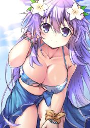 Rule 34 | 1girl, adult neptune, bikini, bikini skirt, blue bikini, blue skirt, blue sky, bracelet, breasts, cleavage, cloud, collarbone, commentary, day, flower, from below, hair flower, hair ornament, hand in own hair, hand on leg, hand on own leg, hand on own thigh, hand on thigh, jewelry, large breasts, light purple hair, long hair, looking at viewer, mega miracle force, navel, neptune (series), pearl bracelet, purple eyes, sarong, shin jigen game neptune vii, skirt, sky, smile, solo, split mouth, sunlight, swimsuit, thighs, very long hair, wrist cuffs, yuzukisiho