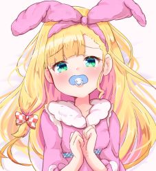 Rule 34 | 1girl, baram, bed sheet, blonde hair, blush, bow, checkered bow, checkered clothes, commentary request, fur-trimmed jacket, fur trim, green eyes, hair bow, hair ribbon, hairband, hands up, jacket, long hair, looking at viewer, mononobe alice, mononobe alice (6th costume), nijisanji, pacifier, pink hairband, pink jacket, pink ribbon, ribbon, solo, tears, upper body, very long hair, virtual youtuber
