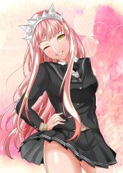 Rule 34 | 1girl, ;), amagami, black jacket, black neckwear, black skirt, collared shirt, cowboy shot, diadem, fate/grand order, fate (series), floating hair, grin, highres, jacket, long hair, long sleeves, looking at viewer, medb (fate), miniskirt, one eye closed, pink hair, pleated skirt, school uniform, shirt, skirt, smile, solo, standing, tomotomow00w, very long hair, wing collar, yellow eyes