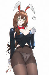 Rule 34 | 1girl, ?, animal ears, bobobong, bow, bowtie, breasts, breasts apart, brown hair, bustier, cameltoe, closed mouth, collar, commentary, cowboy shot, detached collar, eyelashes, fake animal ears, glasses, green eyes, groin, hand on own chest, hand up, high-waist pantyhose, highleg, highleg panties, highres, large breasts, leotard, long hair, looking at viewer, low ponytail, midriff peek, one side up, original, panties, panties under pantyhose, pantyhose, playboy bunny, rabbit ears, red bow, red bowtie, round eyewear, see-through, simple background, solo, speech bubble, underwear, white background, white collar, white panties, wing collar, wrist cuffs