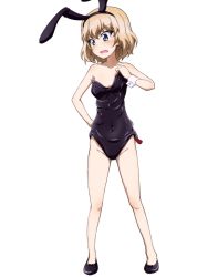 Rule 34 | 1girl, animal ears, blonde hair, blue eyes, blush, breasts, covered navel, fake animal ears, fang, female focus, full body, girls und panzer, groin, highres, katyusha (girls und panzer), key (gaigaigai123), leotard, open mouth, oversized clothes, playboy bunny, rabbit ears, short hair, simple background, small breasts, solo, white background