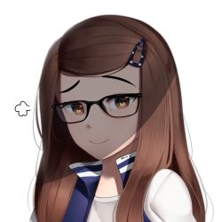 Rule 34 | 1girl, puff of air, black-framed eyewear, brown eyes, brown hair, commentary, english commentary, fictional persona, glasses, hair ornament, hairclip, highres, long hair, looking at viewer, original, portrait, sasoura, simple background, smile, smug, solo, white background