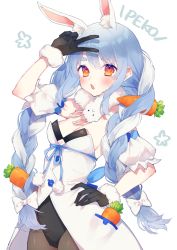 Rule 34 | 1girl, animal ear fluff, animal ears, black gloves, black leotard, blue hair, blush, braid, breasts, carrot, carrot hair ornament, chiyomaru (yumichiyo0606), detached sleeves, don-chan (usada pekora), dress, food-themed hair ornament, fur trim, gloves, hair ornament, highres, hololive, leotard, long hair, looking at viewer, multicolored hair, open mouth, pantyhose, rabbit ears, rabbit girl, small breasts, strapless, strapless leotard, thick eyebrows, twin braids, two-tone hair, usada pekora, usada pekora (1st costume), v, virtual youtuber, white background, white hair