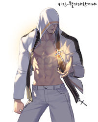 Rule 34 | covered eyes, dungeon and fighter, male priest (dungeon and fighter), pectoral cleavage, pectorals, solo, tagme, white background