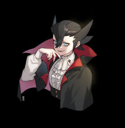 Rule 34 | 1boy, alternate costume, ascot, bad id, bad twitter id, black background, black hair, black nails, blue eyes, buttons, cloak, collared shirt, commentary, creatures (company), fang, game freak, grimsley (pokemon), hair between eyes, hand up, long sleeves, male focus, mongguri, nail polish, nintendo, open mouth, pokemon, pokemon bw, popped collar, raised eyebrows, shirt, simple background, smile, solo, spiked hair, symbol-only commentary, upper body, vampire costume, white ascot, white shirt