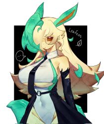 Rule 34 | animal ears, beige fur, blonde hair, breasts, brown eyes, clothing cutout, creatures (company), furry, furry female, game freak, gen 4 pokemon, glasses, highres, large breasts, leaf, leaf on head, leafeon, long hair, navel, necktie, nintendo, pokemon, pokemon (creature), sideboob, tail, thick thighs, thighs, togetoge, underboob, underboob cutout, wide hips