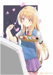 Rule 34 | 1girl, blonde hair, blush, canvas (object), character name, closed mouth, collared shirt, commentary request, cowboy shot, highres, light smile, long hair, miniskirt, necktie, paintbrush, painting (action), palette (object), pleated skirt, purple skirt, red eyes, red necktie, sakura-sou no pet na kanojo, school uniform, shiina mashiro, shirt, short sleeves, sidelocks, silhouette, skirt, solo, standing, sweater vest, tony42668, very long hair, white shirt