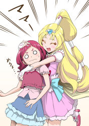 Rule 34 | 10s, blonde hair, blouse, boots, commentary request, cowboy shot, cure tomorrow, earrings, emphasis lines, fingerless gloves, gloves, highres, hug-tan (precure), hugtto! precure, itou shin&#039;ichi, jewelry, long hair, magical girl, multi-tied hair, nono hana, pink shirt, precure, ribbon, scrunchie, shirt, tiara, very long hair