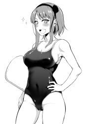 Rule 34 | 10s, 1girl, :d, blush, bodyboard, breasts, cameltoe, cleavage, competition school swimsuit, covered erect nipples, covered navel, cowboy shot, dagashi kashi, greyscale, hairband, hand on own hip, headband, kickboard, large breasts, looking at viewer, monochrome, nail polish, one-piece swimsuit, open mouth, pochi (pochi-goya), school swimsuit, shidare hotaru, short hair, sideboob, simple background, smile, solo, sparkle, swimsuit, white background