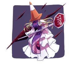 Rule 34 | blonde hair, epic, four horsemen of the apocalypse, gap (touhou), holding, holding sign, road sign, sign, solo, stop sign, touhou, traffic cone, watermelon-clock, what, yakumo yukari