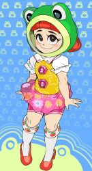 Rule 34 | 1girl, absurdres, black eyes, blunt bangs, blush, captain kirb, chibi-robo!, collared shirt, floral print, food print, frog, frog hat, full body, highres, jenny sanderson, kneehighs, knees together feet apart, pink shorts, pink skirt, puffy short sleeves, puffy sleeves, red footwear, red hair, shirt, short sleeves, shorts, shorts under skirt, skirt, smile, socks, twintails, white sleeves, yellow shirt