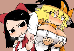 Rule 34 | 2girls, armpit stubble, armpits, black eyes, black hair, black headwear, blonde hair, blouse, blush, body freckles, bow, breasts, breath, brown background, cleavage, closed mouth, commentary request, cookie (touhou), detached sleeves, freckles, hair between eyes, hair bow, hakurei reimu, hat, hat bow, kirisame marisa, kohaku (cookie), large breasts, long hair, looking at viewer, multiple girls, nicetack, orange bow, orange scarf, presenting armpit, red bow, red shirt, scarf, shiromiya rei, shirt, simple background, sleeveless, sleeveless shirt, smile, sweat, swept bangs, touhou, upper body, white scarf, white sleeves, witch hat, yellow eyes