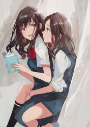 Rule 34 | 2girls, book, bow, bowtie, brown hair, curtains, fly 333, from side, hug, long hair, multiple girls, original, red bow, red bowtie, school uniform, sitting, sitting on lap, sitting on person, yuri