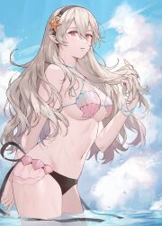 Rule 34 | 1girl, ai tkkm, arm behind back, bare shoulders, beads, bikini, black hairband, breasts, clam shell, cloud, cloudy sky, corrin (female) (fire emblem), corrin (fire emblem), eyelashes, fire emblem, fire emblem cipher, fire emblem fates, grey hair, hairband, headband, highres, large breasts, long hair, looking at viewer, looking down, navel, nintendo, ocean, official alternate costume, parted lips, partially submerged, pointy ears, red eyes, shell, shell bikini, sky, solo, standing, starfish, starfish hair ornament, swimsuit, water, wet