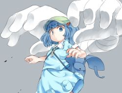 Rule 34 | 1girl, backpack, bag, blue eyes, blue hair, blunt bangs, dress, extra arms, grey background, hair bobbles, hair ornament, hat, kawashiro nitori, key, looking at viewer, mechanical arms, monosenbei, shirt, short sleeves, simple background, single mechanical arm, skirt, skirt set, solo, touhou, twintails, two side up