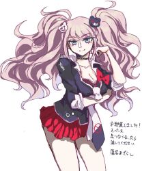 Rule 34 | 1girl, bear hair ornament, black necktie, black shirt, blonde hair, blue eyes, bow, breasts, cleavage, collarbone, cowboy shot, danganronpa: trigger happy havoc, danganronpa (series), enoshima junko, hair ornament, highres, large breasts, long hair, looking at viewer, nail polish, necktie, red bow, shirt, skirt, sleeves past wrists, sleeves rolled up, smile, solo, tetose, translation request, twintails, white necktie