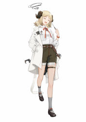 Rule 34 | 1girl, absurdres, alternate costume, arknights, belt, black footwear, blonde hair, bottle, chinese commentary, cjmy, coat, commentary, demon horns, demon tail, closed eyes, green shorts, grey socks, hand in pocket, hand up, highres, holding, holding pointer, horns, id card, ifrit (arknights), low twintails, open clothes, open coat, open mouth, orange wristband, pointer, shirt, short hair, short twintails, shorts, simple background, socks, solo, standing, strap, tail, thigh strap, twintails, water bottle, white background, white coat, white shirt, wristband