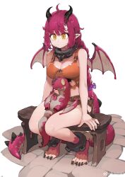 Rule 34 | 1girl, absurdres, ahoge, barefoot, brown shorts, commentary request, crop top, dragon, dragon horns, dragon wings, highres, horns, jun (navigavi), long hair, midriff, navel, orange tank top, original, purple hair, short shorts, shorts, sitting, solo, stomach, tank top, thighs, very long hair, white background, wings, yellow eyes