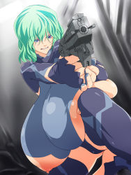 Rule 34 | 1girl, aiming, angry, blue eyes, bodysuit, breasts, clenched teeth, curvy, dutch angle, female focus, formal, gigantic breasts, green hair, gun, handgun, highres, knees, large areolae, latex, legs, mnjs, nippleless leotard, nipples, on one knee, original, pistol, puffy areolae, skin tight, solo, suit, tagme, teeth, weapon