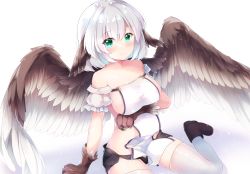 Rule 34 | 1girl, animal hands, arm under breasts, black footwear, black shorts, boots, breasts, brown wings, closed mouth, commentary request, feathered wings, fuuna, green eyes, grey hair, hair between eyes, head wings, highres, looking at viewer, medium breasts, original, short shorts, shorts, sideboob, sitting, smile, solo, thighhighs, thighhighs under boots, wariza, white background, wings