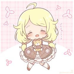 Rule 34 | 1girl, ^ ^, ahoge, blonde hair, blush, bow, chibi, closed eyes, commentary request, doll, hugging doll, dress, flower (symbol), hair bow, hair flaps, highres, idolmaster, idolmaster cinderella girls, kneehighs, long hair, low twintails, mitarashi neko, hugging object, open mouth, outline, plaid, plaid background, plaid dress, pleated dress, smile, socks, striped, striped bow, stuffed animal, stuffed toy, teddy bear, translation request, twintails, twitter username, yusa kozue