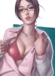 Rule 34 | 1girl, artist request, bad id, bikini, bikini top only, blue eyes, bra, breasts, brown hair, cleavage, dress shirt, glasses, gradient background, highres, image sample, jey rain, jeyrain, large breasts, lips, open clothes, open shirt, pink bra, realistic, shirt, short hair, simple background, solo, swimsuit, underwear, undressing