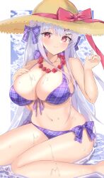 Rule 34 | 1girl, absurdres, azur lane, bikini, breasts, cygnet (azur lane), cygnet (sea star on shore) (azur lane), flower, flower necklace, front-tie bikini top, front-tie top, hair ornament, hairclip, hat, highres, jewelry, kisahipi, large breasts, light smile, looking at viewer, necklace, official alternate costume, plaid, plaid bikini, plaid ribbon, purple bikini, ribbon, solo, straw hat, sun hat, swimsuit