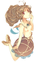Rule 34 | 1girl, antenna hair, arm at side, blue ribbon, blue wings, bow, breasts, brown hair, bubble skirt, detached collar, detached wings, finger to mouth, full body, lace, lace-trimmed skirt, lace trim, long hair, looking at viewer, neck ribbon, nipples, no shirt, onodera, original, ponytail, red eyes, red skirt, ribbon, shoes, simple background, skirt, small breasts, solo, topless, white background, wings, yellow bow, yellow ribbon