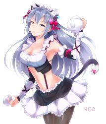 Rule 34 | 10s, 1girl, aireenhp, animal ears, armpits, cat ears, cat tail, character name, collarbone, cup, earrings, idolmaster, idolmaster cinderella girls, jewelry, long hair, maid, maid headdress, navel, grey eyes, silver hair, sleeveless, smile, solo, tail, takamine noa, very long hair, white background