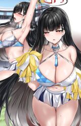 Rule 34 | 1girl, absurdres, arm up, armpits, bad id, bad pixiv id, bare shoulders, black hair, blue archive, breasts, cheerleader, cleavage, collarbone, detached collar, fary5, hair ornament, hairclip, halo, highres, huge breasts, long hair, midriff, miniskirt, motion blur, multiple views, navel, open mouth, pleated skirt, pom pom (cheerleading), red eyes, rio (blue archive), skirt, stomach, sweat, very long hair