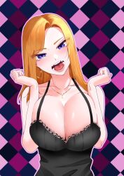 Rule 34 | 1girl, black camisole, blush, breasts, breasts squeezed together, camisole, checkered background, cleavage, collarbone, dosanko gal wa namaramenkoi, earrings, fangs, fuyuki mai, glint, head tilt, highres, hoop earrings, huge breasts, ikada kai, jewelry, large breasts, long hair, looking at viewer, mature female, necklace, open mouth, orange hair, pink nails, purple eyes, solo, straight-on, upper body