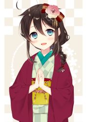 Rule 34 | 10s, 1girl, :d, ahoge, alternate costume, blue eyes, blush, braid, brown hair, flower, hair between eyes, hair flaps, hair flower, hair ornament, japanese clothes, jewelry, kantai collection, kimono, long sleeves, looking at viewer, naoto (tulip), new year, obi, open mouth, own hands together, ring, sash, shigure (kancolle), shigure kai ni (kancolle), single braid, smile, solo, upper body, wedding band, wide sleeves