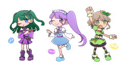 Rule 34 | 3girls, :o, arm up, black thighhighs, blue bow, blue dress, blue eyes, blue footwear, blunt bangs, blunt ends, bow, brown hair, chibi, closed mouth, curly hair, detached collar, detached sleeves, dress, fang, folding fan, frilled hairband, frills, full body, green footwear, green hair, green skirt, hair bow, hairband, hand fan, hand up, highres, holding, holding fan, idol clothes, juliet sleeves, leg warmers, long hair, long sleeves, looking at viewer, manaka non, midriff, miniskirt, multiple girls, nojima minami, one eye closed, open mouth, parody, pretty series, pripara, puffy short sleeves, puffy sleeves, purple dress, purple eyes, purple footwear, purple sleeves, puyopuyo, shoes, short hair, short sleeves, side ponytail, skirt, smile, socks, standing, standing on one leg, strapless, strapless dress, style parody, taiyo pepper, thighhighs, tsukikawa chili, two side up, very long hair, white background, white socks, yellow eyes