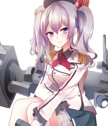 Rule 34 | 10s, 1girl, beret, blue eyes, blue skirt, blush, bow, breasts, buttons, epaulettes, female focus, frilled sleeves, frills, gloves, hat, hat bow, highres, kantai collection, kashima (kancolle), large breasts, long sleeves, looking at viewer, machinery, military, military uniform, miniskirt, pleated skirt, red ribbon, ribbon, shigure s, short hair, sidelocks, silver hair, simple background, skirt, smile, solo, turret, uniform, white background, white gloves