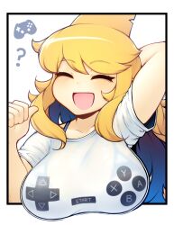 Rule 34 | 1girl, ?, apricot (d-floe), arm behind head, arm up, blonde hair, blush, breasts, closed eyes, collarbone, d-floe, facing viewer, fins, game controller print, head fins, highres, large breasts, open mouth, original, see-through, see-through shirt, shark girl, shirt, smile, solo, swept bangs, white shirt