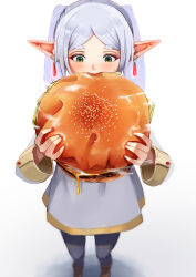 Rule 34 | 1girl, absurdres, black pantyhose, bread, burger, cheese, dangle earrings, drop earrings, earrings, eating, elf, food, food in mouth, frieren, green eyes, grey hair, highres, holding, holding burger, holding food, jewelry, kaneko ryou, long hair, pantyhose, pointy ears, sesame seeds, simple background, skirt, solo, sousou no frieren, twintails, white background, white skirt