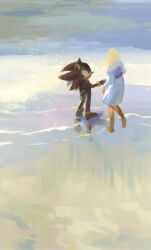 Rule 34 | 1boy, 1girl, animal ears, animal nose, back, barefoot, beach, black fur, blonde hair, blue dress, blue shirt, body fur, bracelet, closed mouth, commentary, day, dress, full body, furry, furry male, gold bracelet, hand up, hedgehog, hedgehog ears, hedgehog tail, highres, hyeon sonic, jewelry, layered sleeves, long hair, long sleeves, looking at another, maria robotnik, ocean, outdoors, puffy short sleeves, puffy sleeves, red eyes, red fur, sand, shadow the hedgehog, shirt, short over long sleeves, short sleeves, smile, sonic (series), standing, symbol-only commentary, tail, two-tone fur, water