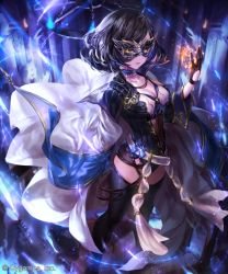 Rule 34 | 10s, 1girl, belt, belt skirt, black gloves, black hair, black leotard, black thighhighs, breasts, cape, character request, cleavage, collarbone, domino mask, gloves, irua, jewelry, leather, leotard, long sleeves, looking at viewer, mask, medium breasts, necklace, official art, original, parted lips, shingeki no bahamut, smile, solo, thighhighs, wide sleeves, yellow eyes