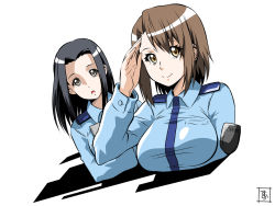 Rule 34 | 10s, 2girls, black hair, breasts, brown eyes, brown hair, extra, monster musume no iru nichijou, multiple girls, police, police uniform, policewoman, s-now, salute, signature, simple background, smile, uniform, upper body, white background, yellow eyes