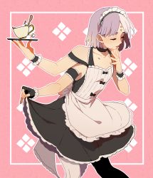 Rule 34 | 1girl, apron, arm garter, asymmetrical legwear, back bow, bare shoulders, black dress, black gloves, black pantyhose, bob cut, bow, bowing, choker, coffee, coffee cup, copyright request, cup, curtsey, diamond (shape), disposable cup, dress, extra arms, eyelashes, facial mark, feet out of frame, finger to mouth, fingerless gloves, flat chest, forehead mark, gloves, hand up, harrymiao, highres, holding, holding tray, maid, maid apron, maid headdress, mismatched legwear, monster girl, multicolored hair, outline, outstretched arms, pantyhose, pink background, purple hair, short dress, short hair, skirt hold, sleeveless, sleeveless dress, solo, spill, split-color hair, sugar cube, tray, two-tone hair, white apron, white hair, white outline, white pantyhose, wrist cuffs