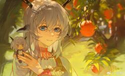 Rule 34 | 1girl, alina (arknights), antlers, apple, apple tree, apron, arknights, blue eyes, brown apron, character doll, chinese commentary, commentary request, dappled sunlight, deer antlers, doll on shoulder, dress, food, fruit, grass, grey eyes, grey hair, hand up, highres, horns, jitome, long hair, longjingcha, looking at viewer, outdoors, short hair, smile, solo, sunlight, talulah (arknights), talulah the fighter (arknights), tree, upper body, weibo watermark, white dress