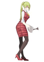 Rule 34 | 1girl, ascot, breasts, collared shirt, from side, full body, green hair, high heels, holding, holding watering can, kazami yuuka, large breasts, long hair, long sleeves, looking at viewer, looking to the side, pantyhose, plaid, plaid skirt, plaid vest, ponytail, red eyes, red footwear, shirt, simple background, skirt, skirt set, sleeves rolled up, smile, solo, tohoyuukarin, touhou, vest, watering can, white background, yellow ascot