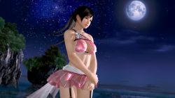 Rule 34 | 1girl, 3d, black hair, blue eyes, breasts, dead or alive, kokoro (doa), large breasts, long hair, night, ocean, official art, ponytail, solo, tecmo