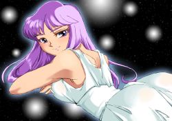 Rule 34 | 1girl, athena (saint seiya), bare shoulders, blue eyes, breasts, dress, long hair, looking at viewer, looking back, lying, medium breasts, on stomach, onnaski, purple hair, saint seiya, saint seiya omega, smile, solo