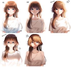 Rule 34 | 1girl, arrow (symbol), blue eyes, blush, breasts, brown hair, closed mouth, collarbone, commentary request, cropped torso, highres, korean commentary, korean text, long hair, looking at viewer, menna (0012), multiple views, original, shadow, shirt, short sleeves, simple background, small breasts, smile, sunlight, translation request, upper body, white background, white shirt