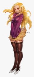 Rule 34 | 1girl, blonde hair, high heels, highres, miniskirt, red eyes, saejin oh, skirt, smile, solo, sweater, thighhighs