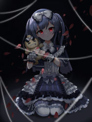 Rule 34 | 1girl, absurdres, black background, bow, center frills, closed mouth, commentary request, dress, frilled dress, frills, gothic lolita, grey bow, hair bow, highres, idolmaster, idolmaster shiny colors, lolita fashion, long hair, looking at viewer, morino rinze, petals, red eyes, revision, ribbon, seiza, sitting, solo, string, stuffed animal, stuffed toy, sylph kim, white bow, white legwear, white ribbon