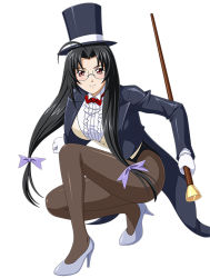 Rule 34 | 1girl, ahoge, black hair, bow, bowtie, female focus, full body, glasses, gloves, hat, high heels, holding, ikkitousen, kaku bunwa, legs, long hair, looking at viewer, pantyhose, simple background, smile, solo, staff, top hat, twintails, white background, white gloves